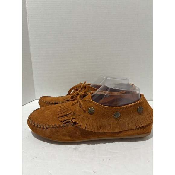 Minnetonka Fringe Moccasin Flats Leather Booties Women's 8.5 Brown Suede Studded - Picture 1 of 7